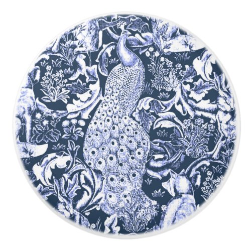 Art Nouveau Peacock Print Navy Blue and White Ceramic Knob
