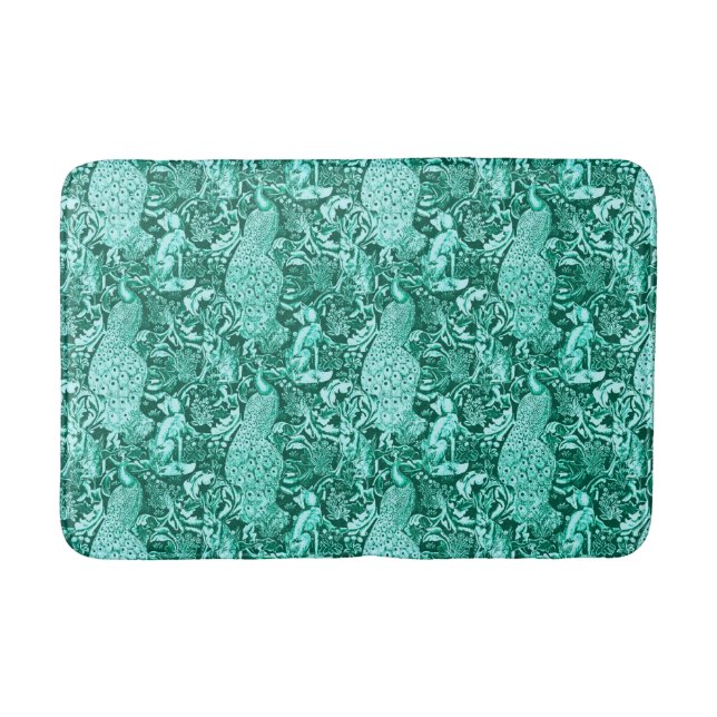 Art Nouveau Peacock Print, Turquoise and Aqua Bathroom Mat (Front)