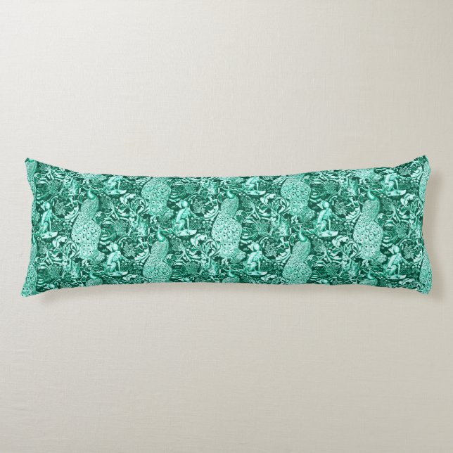 Art Nouveau Peacock Print, Turquoise and Aqua Body Pillow (Front)