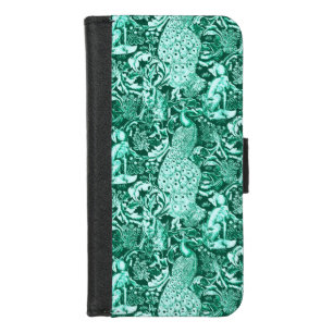 Art Nouveau Peacock Print, Turquoise and Aqua iPhone 8/7 Wallet Case