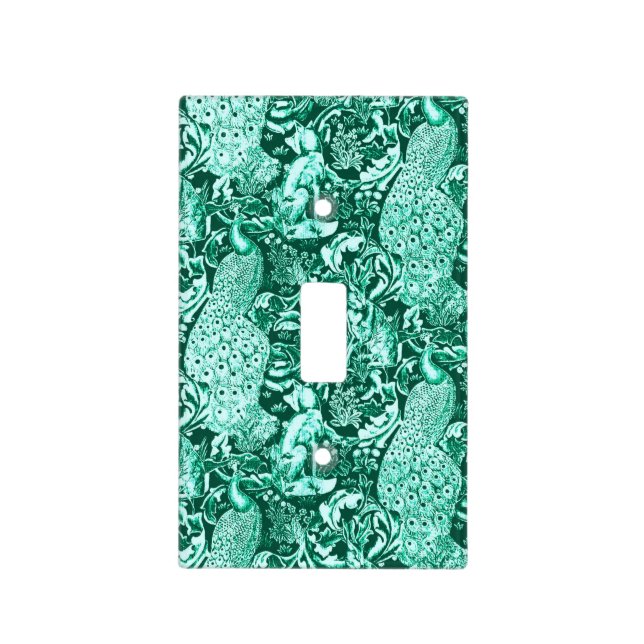 Art Nouveau Peacock Print, Turquoise and Aqua Light Switch Cover (Front)