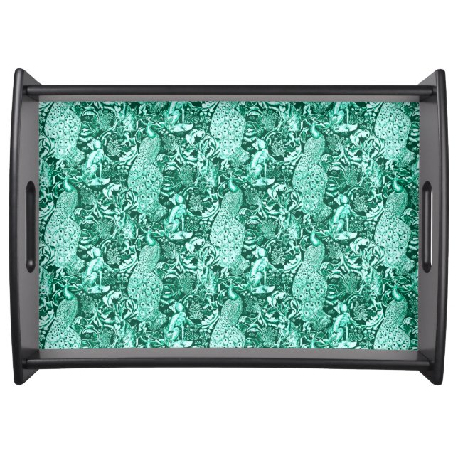 Art Nouveau Peacock Print, Turquoise and Aqua Serving Tray (Front)