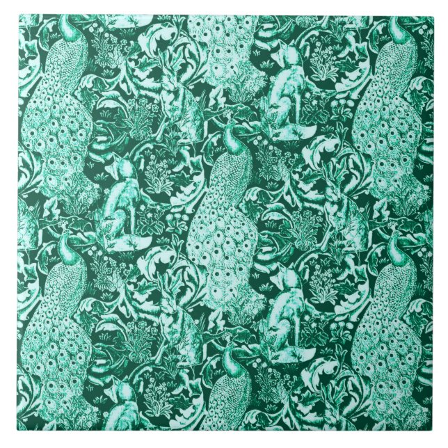 Art Nouveau Peacock Print, Turquoise and Aqua Tile (Front)