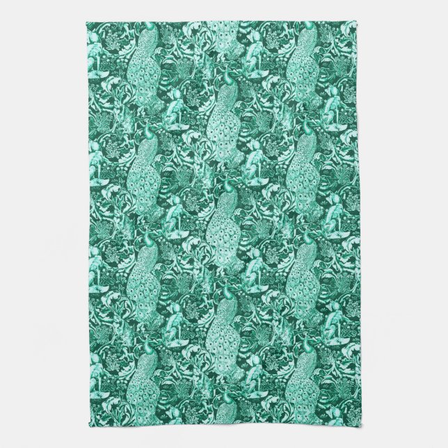 Art Nouveau Peacock Print, Turquoise and Aqua Towel (Vertical)