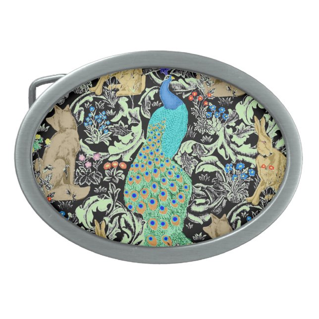 Art Nouveau Peacock Print, Turquoise & Neutrals Belt Buckle (Front)