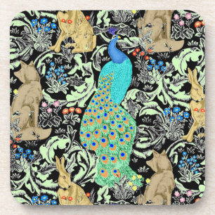 Art Nouveau Peacock Print, Turquoise & Neutrals Beverage Coaster