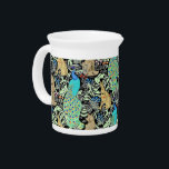 Art Nouveau Peacock Print, Turquoise & Neutrals Beverage Pitcher<br><div class="desc">Art nouveau pattern based on a vintage William Morris tapestry inspired fabric depicting a forest scene with peacocks,  hares and foxes,  digitally rendered in turquoise,  greens,  browns and a black background for the look of a traditional tapestry</div>