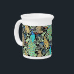 Art Nouveau Peacock Print, Turquoise & Neutrals Beverage Pitcher<br><div class="desc">Art nouveau pattern based on a vintage William Morris tapestry inspired fabric depicting a forest scene with peacocks,  hares and foxes,  digitally rendered in turquoise,  greens,  browns and a black background for the look of a traditional tapestry</div>
