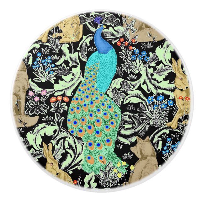 Art Nouveau Peacock Print, Turquoise & Neutrals Ceramic Knob (Front)