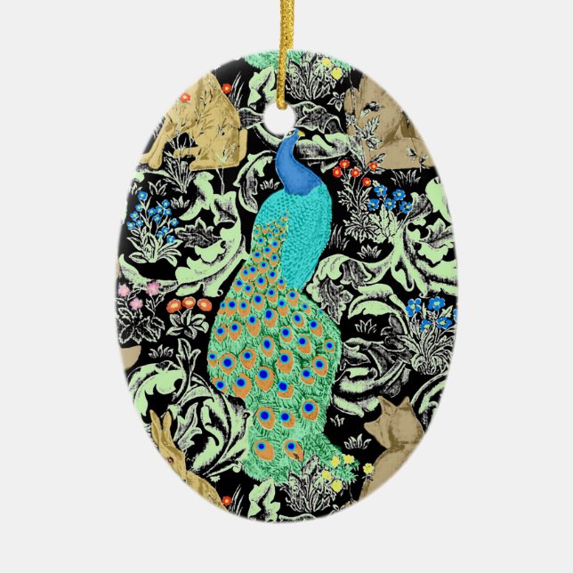 Art Nouveau Peacock Print, Turquoise & Neutrals Ceramic Ornament (Front)