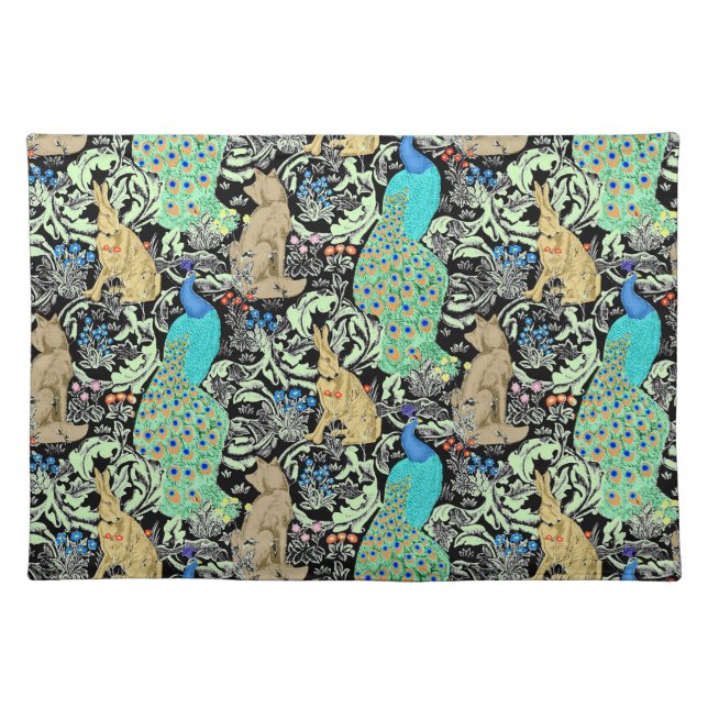 Art Nouveau Peacock Print, Turquoise & Neutrals Cloth Placemat (Front)