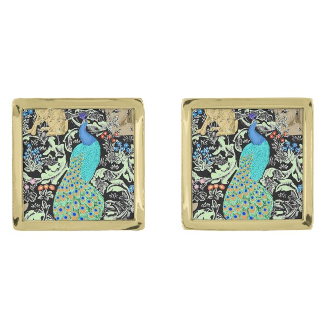 Art Nouveau Peacock Print, Turquoise & Neutrals Gold Cufflinks (Front)