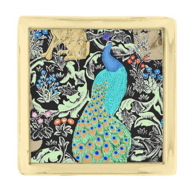 Art Nouveau Peacock Print, Turquoise & Neutrals Gold Finish Lapel Pin (Front)