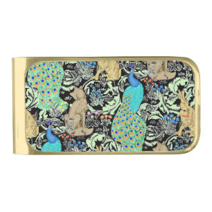 Art Nouveau Peacock Print, Turquoise & Neutrals Gold Finish Money Clip