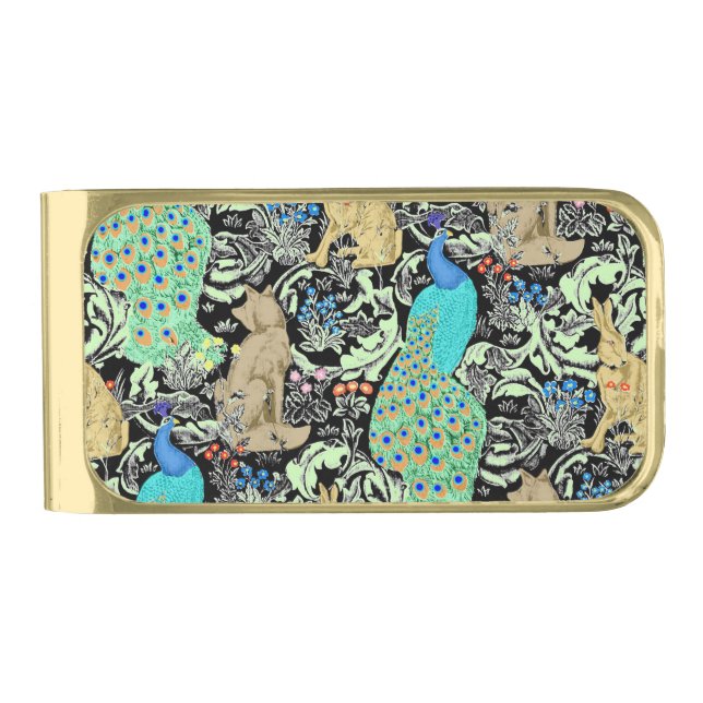 Art Nouveau Peacock Print, Turquoise & Neutrals Gold Finish Money Clip (Front)