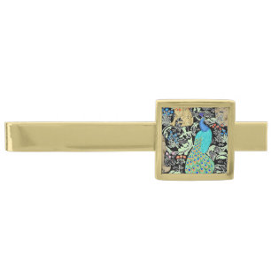 Art Nouveau Peacock Print, Turquoise & Neutrals Gold Finish Tie Clip