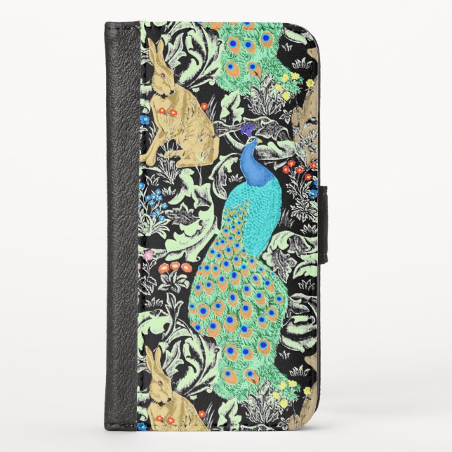 Art Nouveau Peacock Print, Turquoise & Neutrals iPhone Wallet Case (Front)