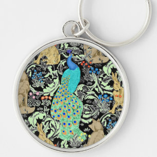 Art Nouveau Peacock Print, Turquoise & Neutrals Keychain
