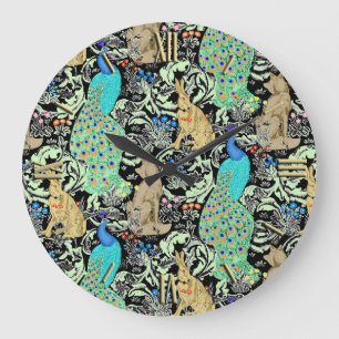 Art Nouveau Peacock Print, Turquoise & Neutrals Large Clock