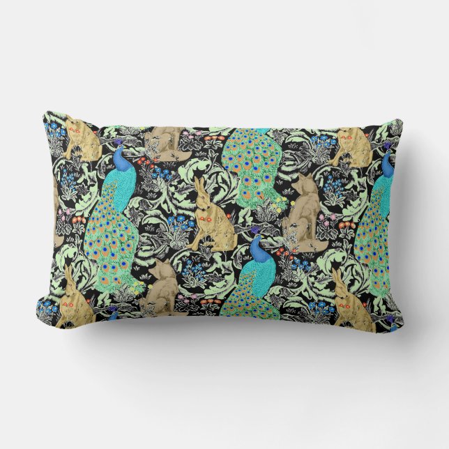 Art Nouveau Peacock Print, Turquoise & Neutrals Lumbar Pillow (Front)