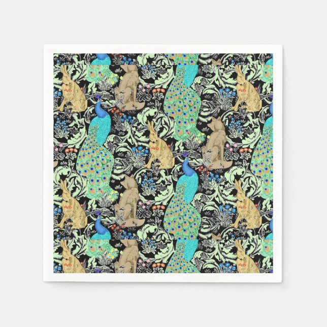 Art Nouveau Peacock Print, Turquoise & Neutrals Paper Napkins (Front)