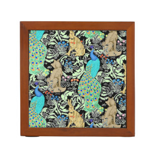 Art Nouveau Peacock Print, Turquoise & Neutrals Pencil Holder