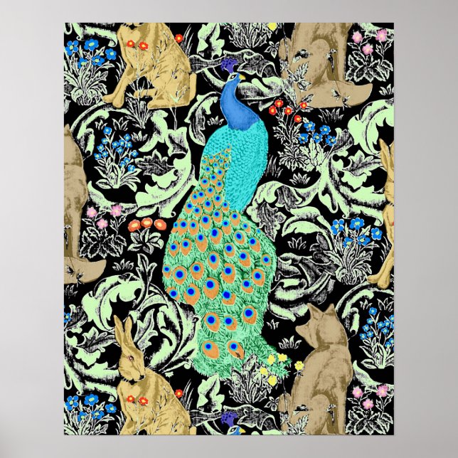 Art Nouveau Peacock Print, Turquoise & Neutrals Poster (Front)