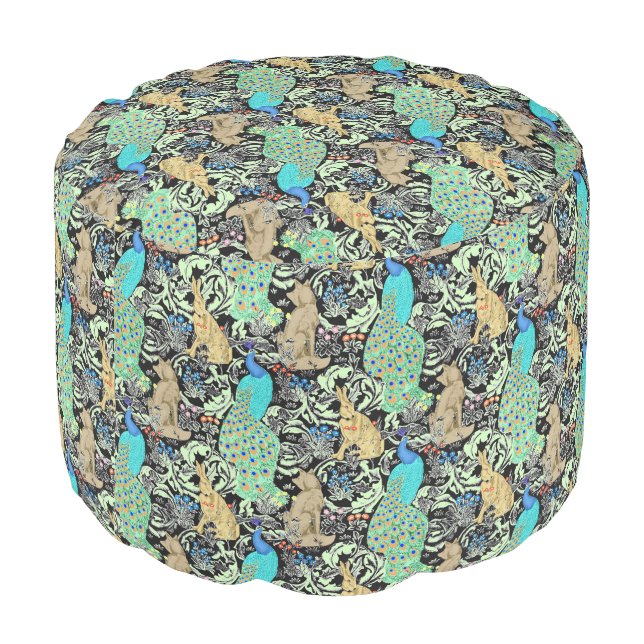 Art Nouveau Peacock Print, Turquoise & Neutrals Pouf (Angled Back)