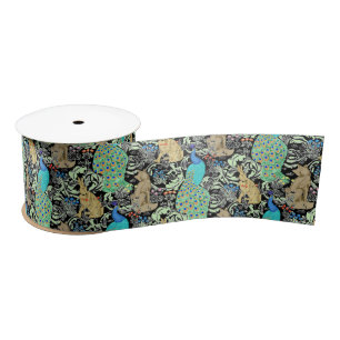 Art Nouveau Peacock Print, Turquoise & Neutrals Satin Ribbon