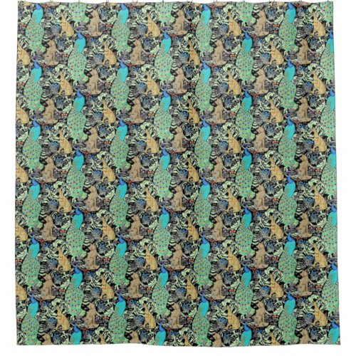 Art Nouveau Peacock Print Turquoise  Neutrals Shower Curtain