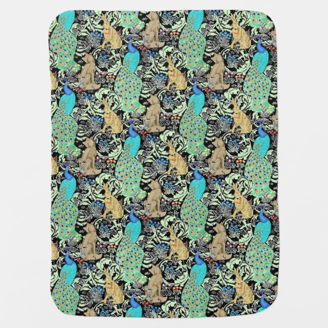 Art Nouveau Peacock Print, Turquoise & Neutrals Stroller Blanket (Front)