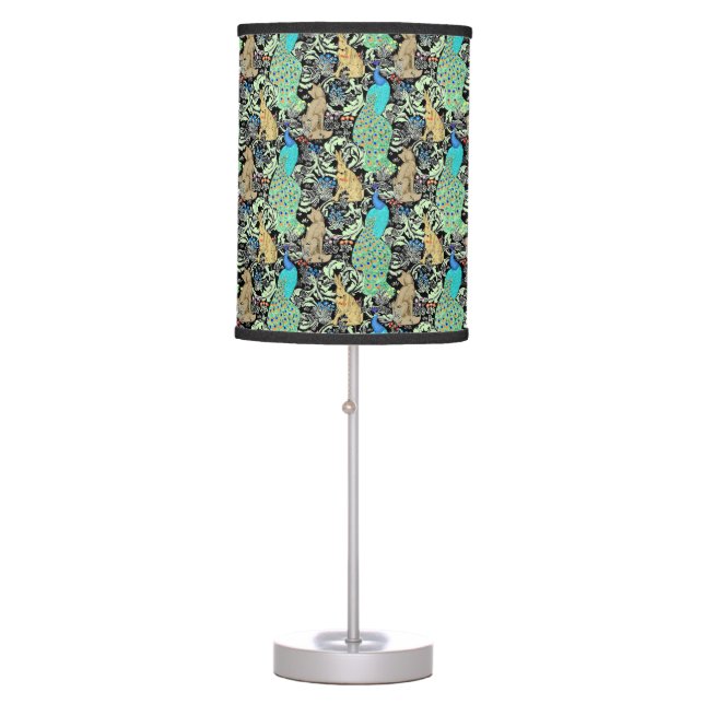 Art Nouveau Peacock Print, Turquoise & Neutrals Table Lamp (Front)