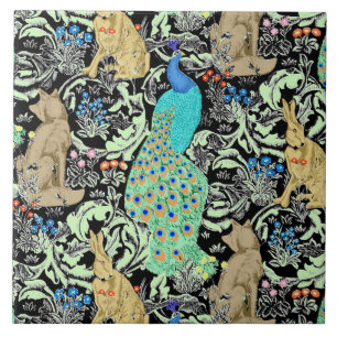 Art Nouveau Peacock Print, Turquoise & Neutrals Tile