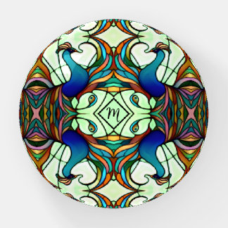 Art Nouveau Peacock Stained Glass Monogrammed Paperweight