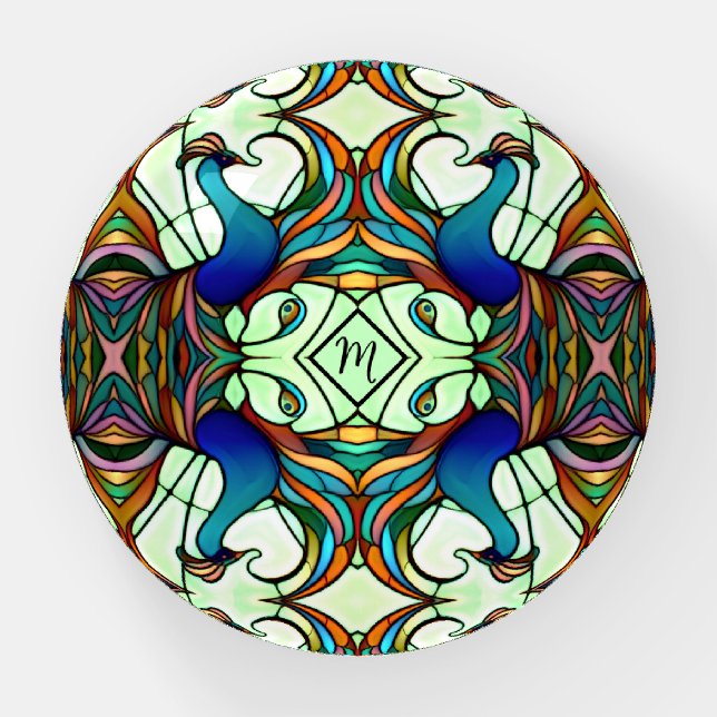 Art Nouveau Peacock Stained Glass Monogrammed Paperweight (Front)