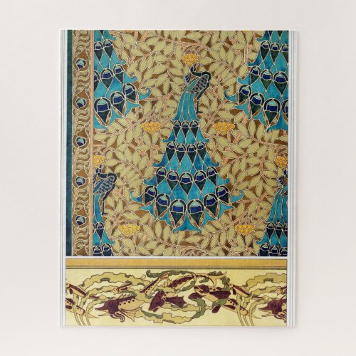 Art nouveau peacock textile deco verneuil blue  jigsaw puzzle