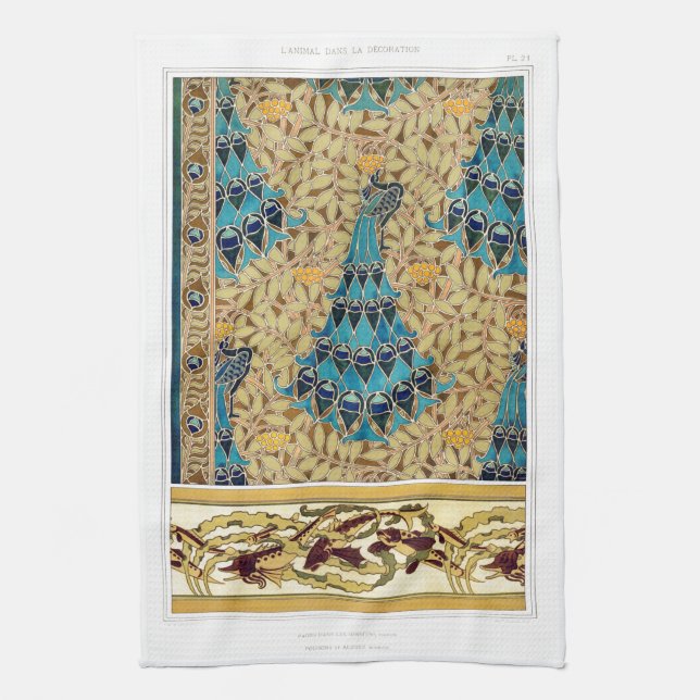 Art nouveau peacock textile deco verneuil blue  kitchen towel (Vertical)