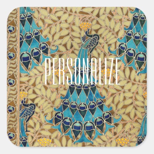 Art nouveau peacock textile deco verneuil blue  square sticker