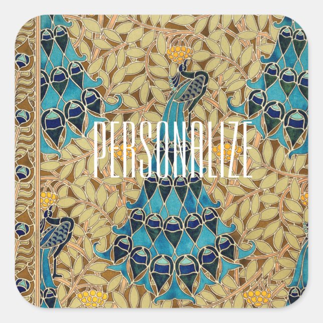 Art nouveau peacock textile deco verneuil blue  square sticker (Front)