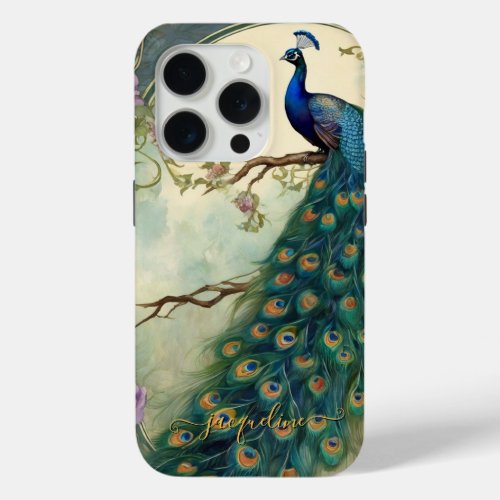 Art Nouveau Peacock Vintage Elegant Feathers Name iPhone 15 Pro Case