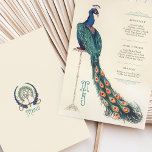 Art Nouveau Peacock Wedding Menu Card<br><div class="desc">Bring sophistication to your wedding with this Art Nouveau-inspired menu card featuring a majestic peacock illustration. The vibrant blues, greens, and earthy oranges in the peacock’s feathers add a pop of color, embodying vintage elegance. The front side presents a beautifully designed layout for the appetizer, main course, and dessert, with...</div>