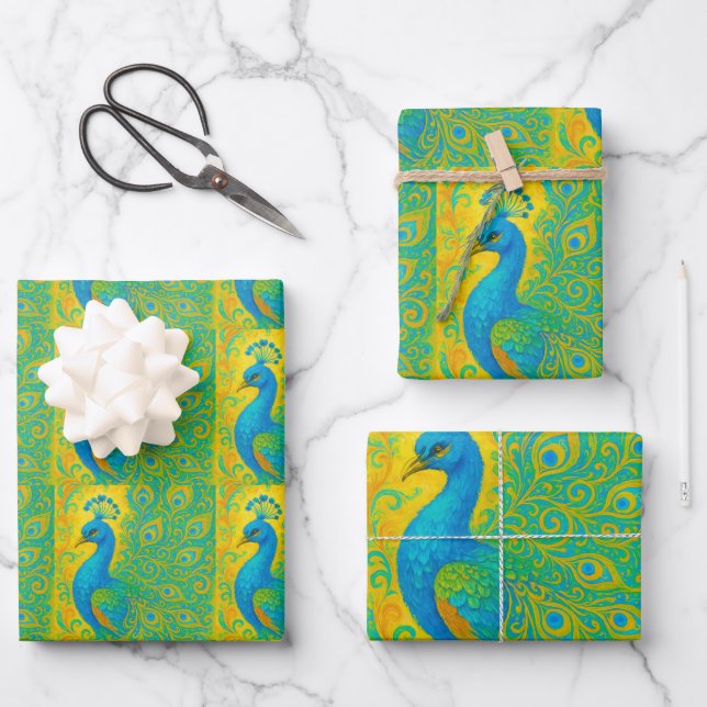 Art Nouveau Peacock Yellow Damask Pattern Wrapping Paper Sheets (Front)
