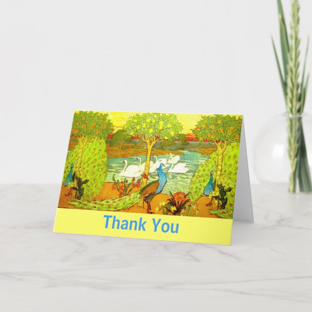 Art Nouveau Peacocks and Swans Thank You Card (Front)