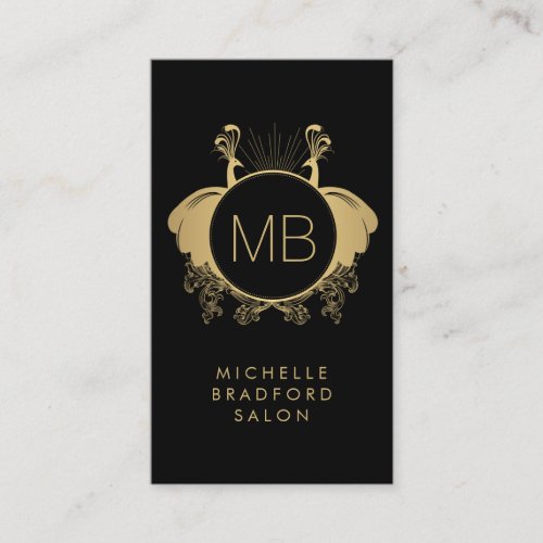 Art Nouveau Peacocks Monogram Logo GoldBlack Business Card