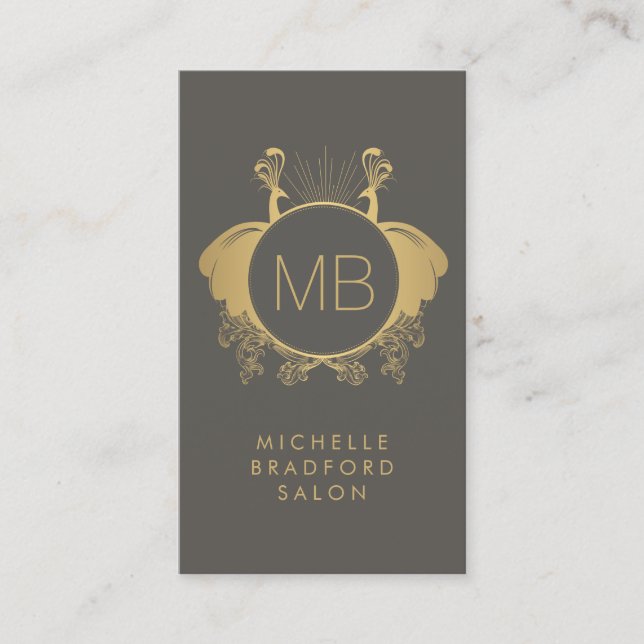 Art Nouveau Peacocks Monogram Logo Gold/Gray Business Card (Front)