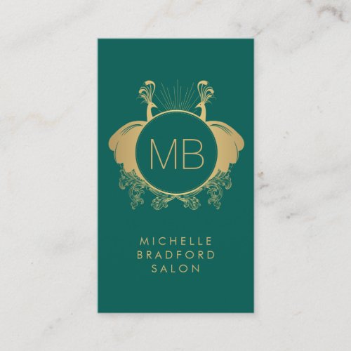 Art Nouveau Peacocks Monogram Logo GoldGreen Business Card