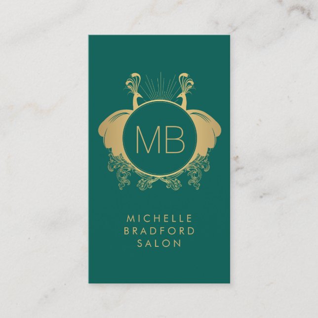 Art Nouveau Peacocks Monogram Logo Gold/Green Business Card (Front)