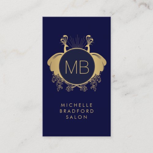 Art Nouveau Peacocks Monogram Logo GoldNavy Business Card