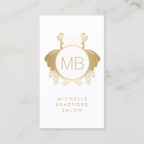 Art Nouveau Peacocks Monogram Logo GoldWhite Business Card