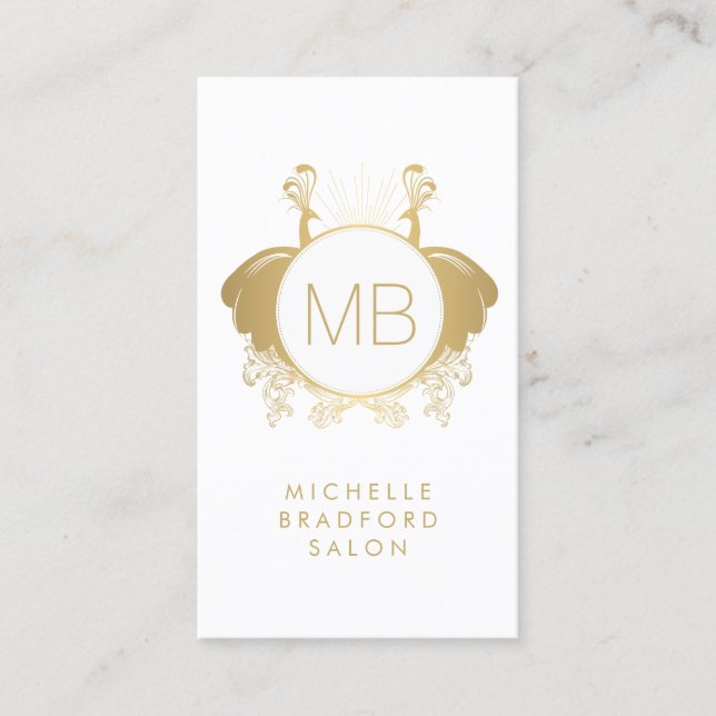 Art Nouveau Peacocks Monogram Logo Gold/White Business Card (Front)